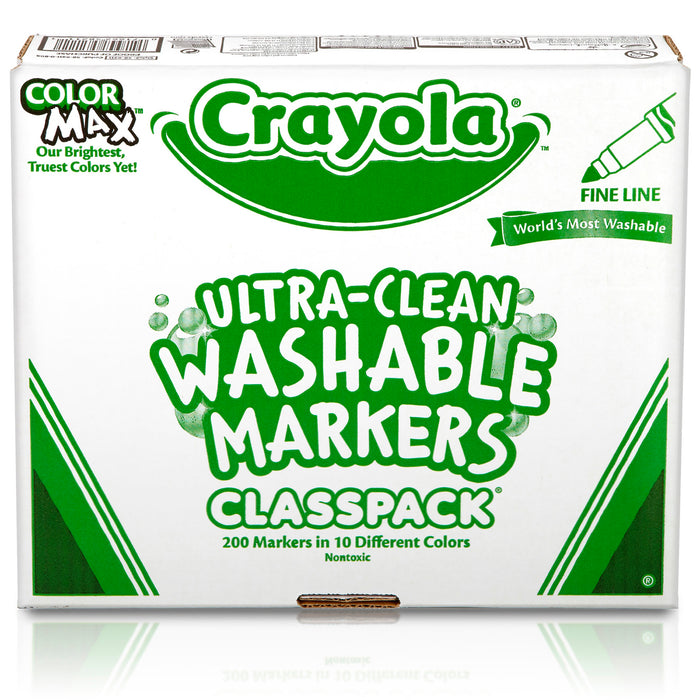 Crayola BIN588211 Ultra-Clean Washable Markers Classpack, Fine Line, 10 Colors, Pack of 200