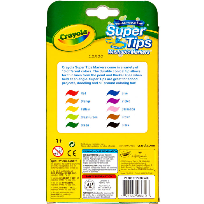 Crayola BIN588610 Washable Super Tips Markers, Pack of 10
