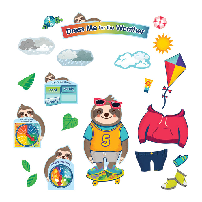 Carson Dellosa Education CD-110487 One World Sloth Dress Me for the Weather Bulletin Board Set, Grade PK-2, 54 Pieces