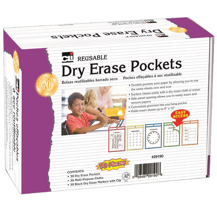Charles Leonard CHL29190 Dry Erase Pocket Class Pack, Dry Erase Pockets, Dry Erase Cloths and Dry Erase Markers, Pocket Style w/Bullet Tip, Black, 90 Pieces