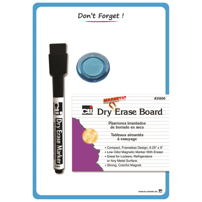 Charles Leonard CHL35600ST Magnetic Mini Dry Erase Boards, 6-1/4" x 9", Marker w/Eraser and 1 Magnet, Blue Frame, Pack of 12