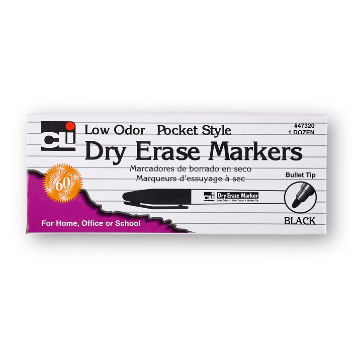 Charles Leonard CHL47320 Dry Erase Markers, Pocket Style, Bullet Tip, Black, Pack of 12
