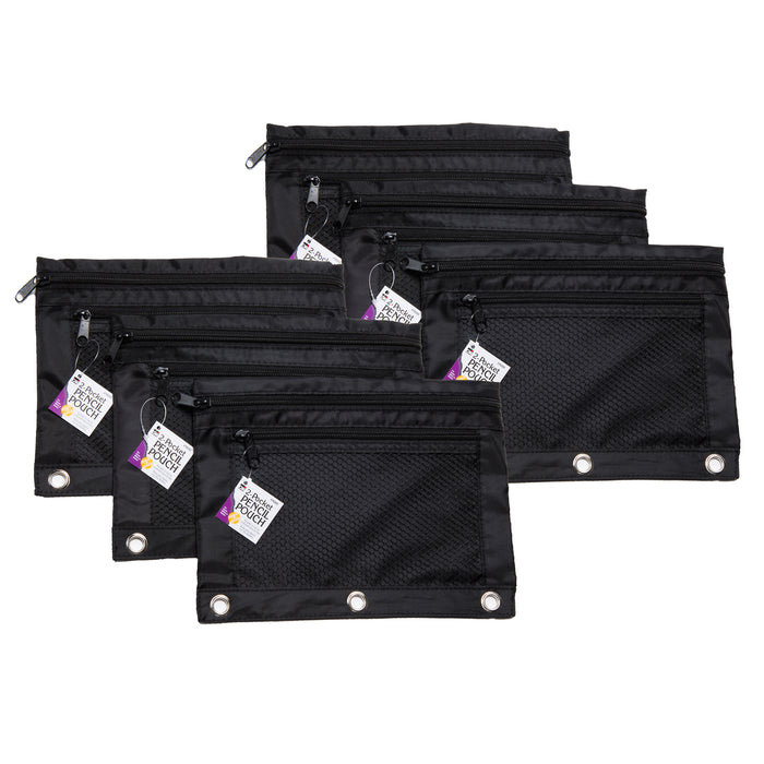 Charles Leonard CHL76356 Pencil Pouch, 2 Pocket with Mesh Front, Black, Pack of 6