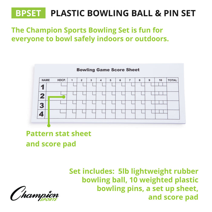 Champion Sports CHSBPSET Plastic Bowling Ball & Pin Set