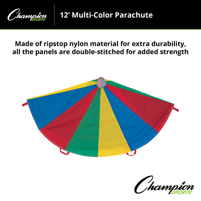 Champion Sports CHSNP12 Multi-Colored Parachute, 12' Diameter, 12 Handles