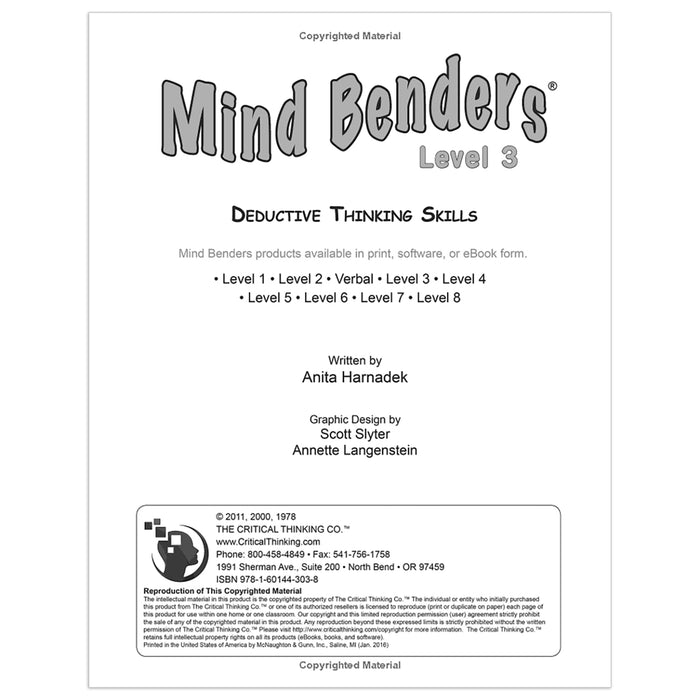 The Critical Thinking Co. CTB01333BBP Mind Benders Level 3, Grades 3-6