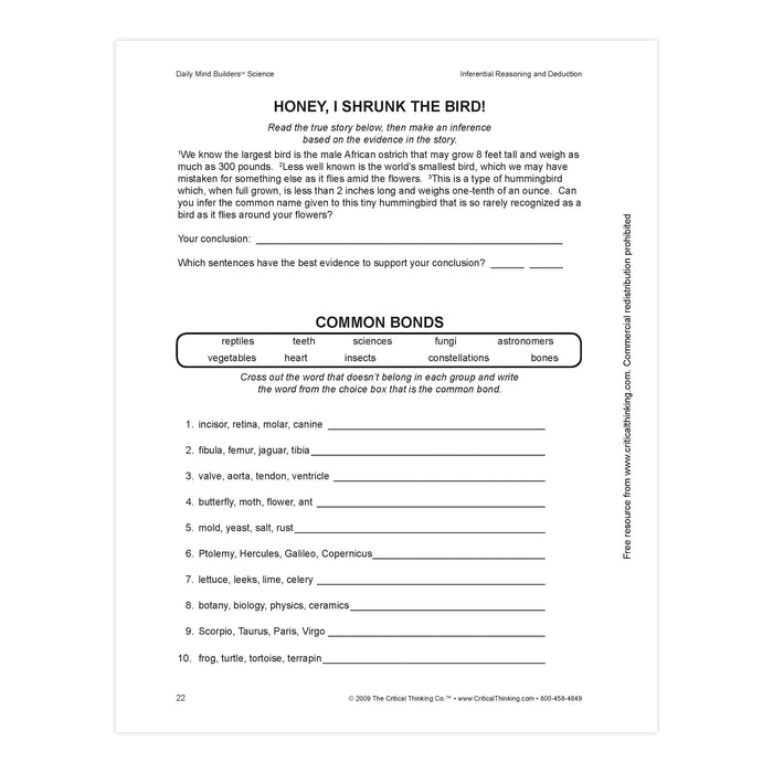 The Critical Thinking Co. CTB04602BBP Daily Mind Builders Science Book, Grade 5-12
