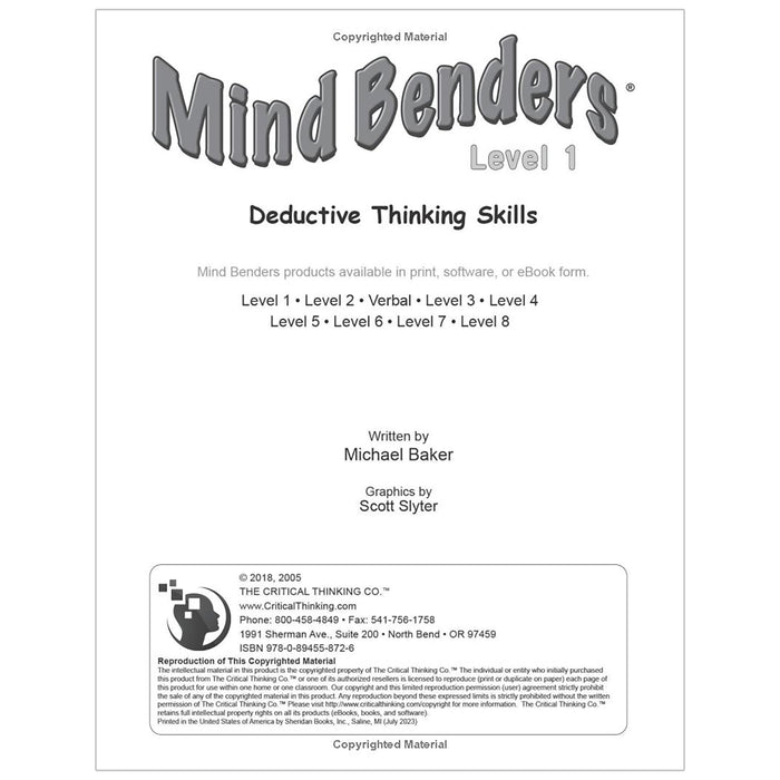 The Critical Thinking Co. CTB1328 Mind Benders Level 1, Grades PreK-K