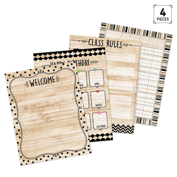 Creative Teaching Press CTP10990 Core Decor Black, White, and Wood Classroom Essentials 4-Chart Pack