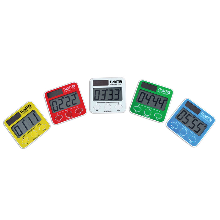 TickiT CTU9500 Dual Power Timers - Set of 5 - Red, Yellow, Green, Blue, White - Solar and Battery Powered Digital Timers