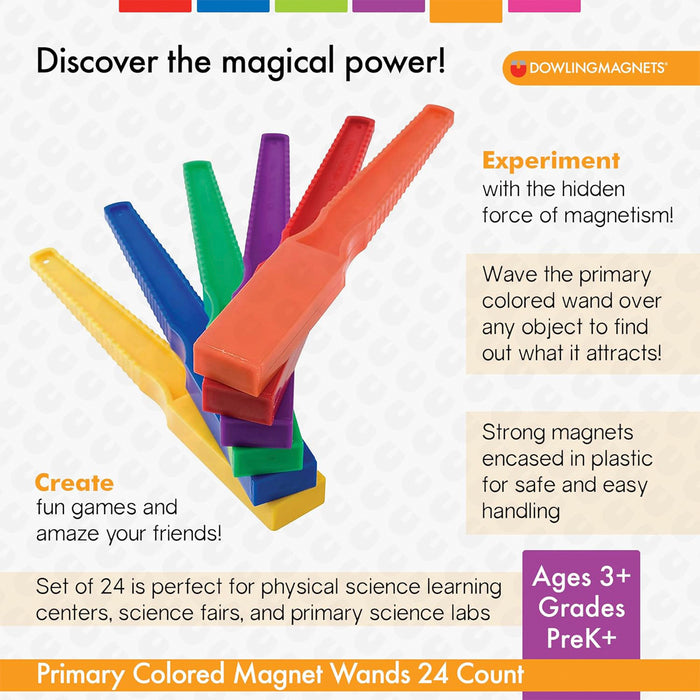Dowling Magnets DO-736625 Magnet Wand, Assorted Primary Colors, Pack of 24