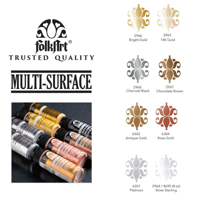 FolkArt FLKPROMOFAMET Multi-Surface Acrylic Paint Set, 2oz., Metallics, 8-Piece Set