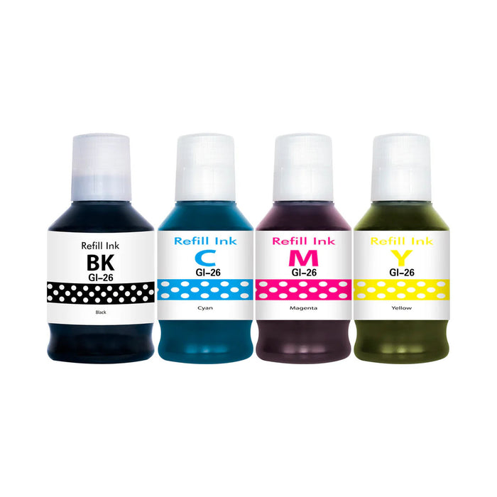 Canon GI-26 Compatible Black, Cyan, Magenta, Yellow Ink Bottles