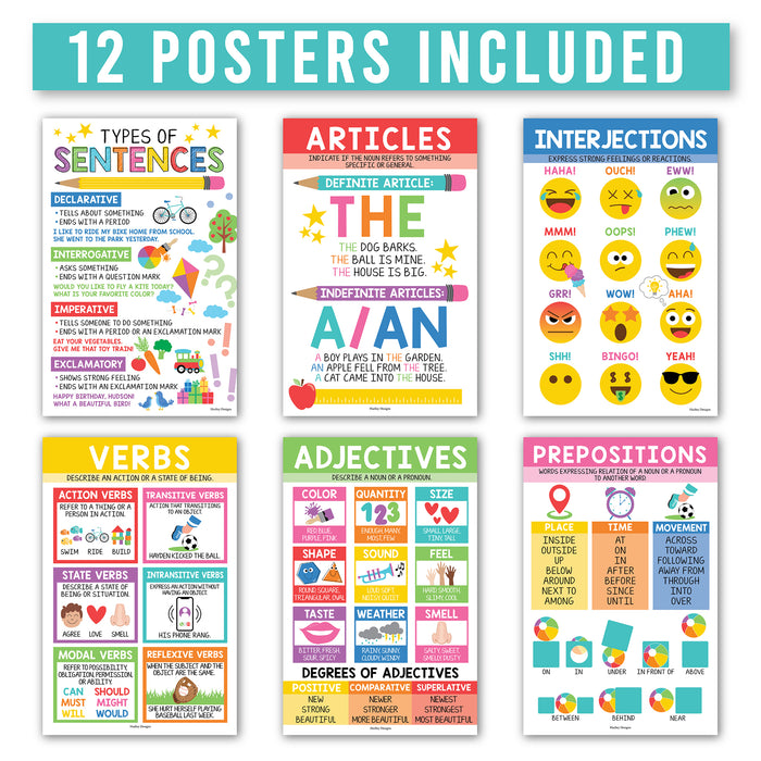 Hadley Designs HDDX004A2JPBZ Colorful Parts of Speech Language Arts and Grammar Laminated Posters, Set of 12
