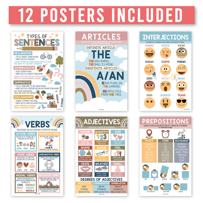 Hadley Designs HDDX004A2K2JT Boho Parts of Speech Language Arts and Grammar Laminated Posters, Set of 12