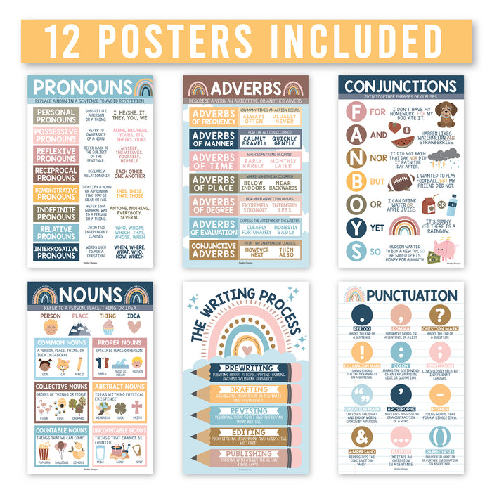 Hadley Designs HDDX004A2K2JT Boho Parts of Speech Language Arts and Grammar Laminated Posters, Set of 12