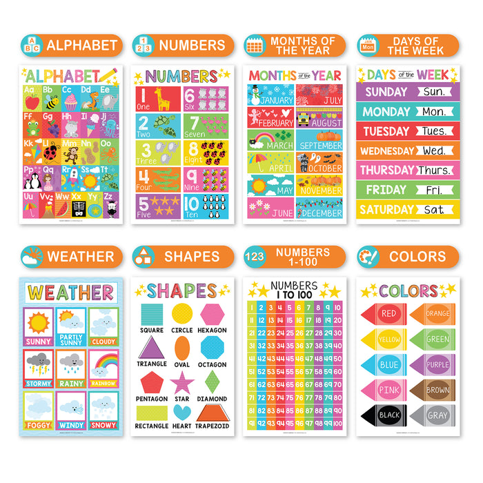 Hadley Designs HDDX004ACAK4L Colorful Preschool Educational Laminated Posters For Toddlers, Set of 16
