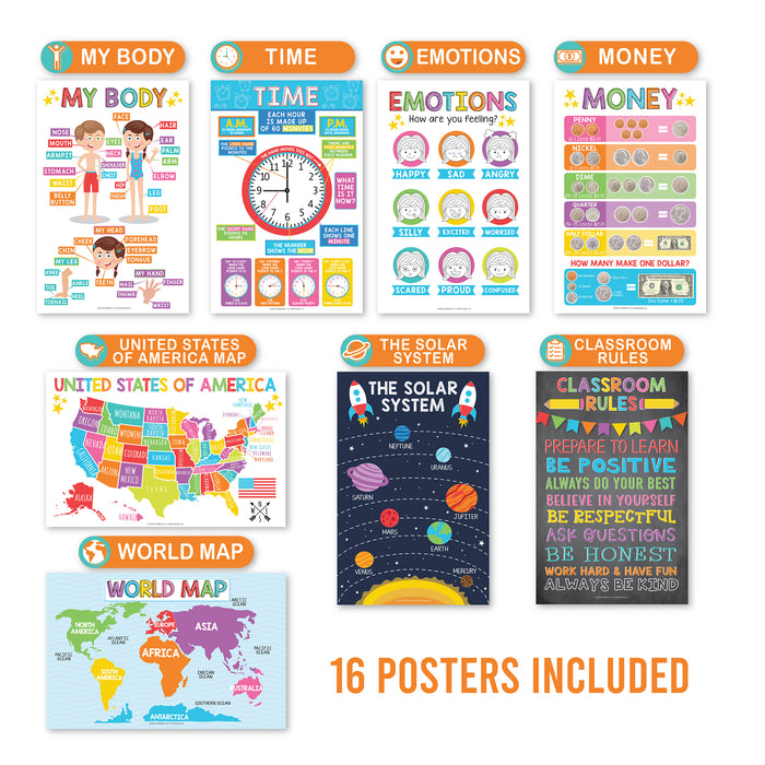 Hadley Designs HDDX004ACAK4L Colorful Preschool Educational Laminated Posters For Toddlers, Set of 16