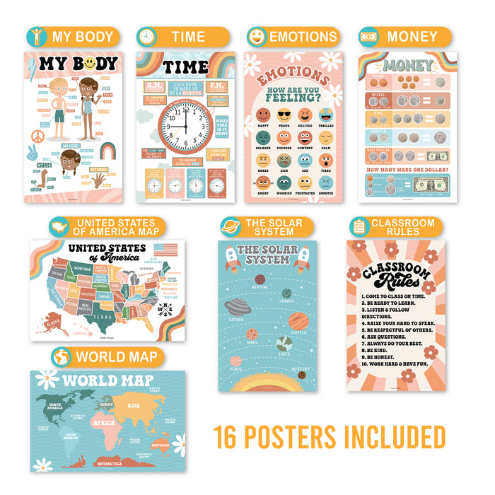 Hadley Designs HDDX004ACFGE5 Retro Boho Preschool Educational Laminated Posters For Toddlers, Set of 16