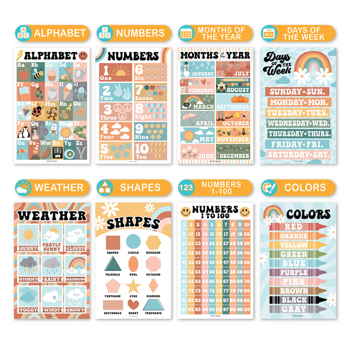 Hadley Designs HDDX004ACFGE5 Retro Boho Preschool Educational Laminated Posters For Toddlers, Set of 16