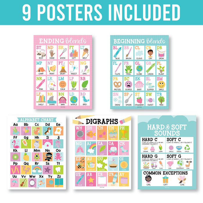Hadley Designs HDDX004ACFGFJ Colorful Sound Wall Phonics and Vowels English Posters, Set of 9