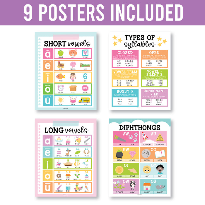 Hadley Designs HDDX004ACFGFJ Colorful Sound Wall Phonics and Vowels English Posters, Set of 9