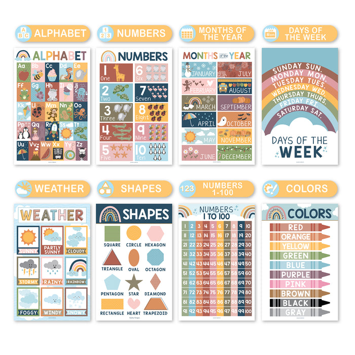 Hadley Designs HDDX004ACJZND Boho Preschool Educational Laminated Posters For Toddlers, Set of 16