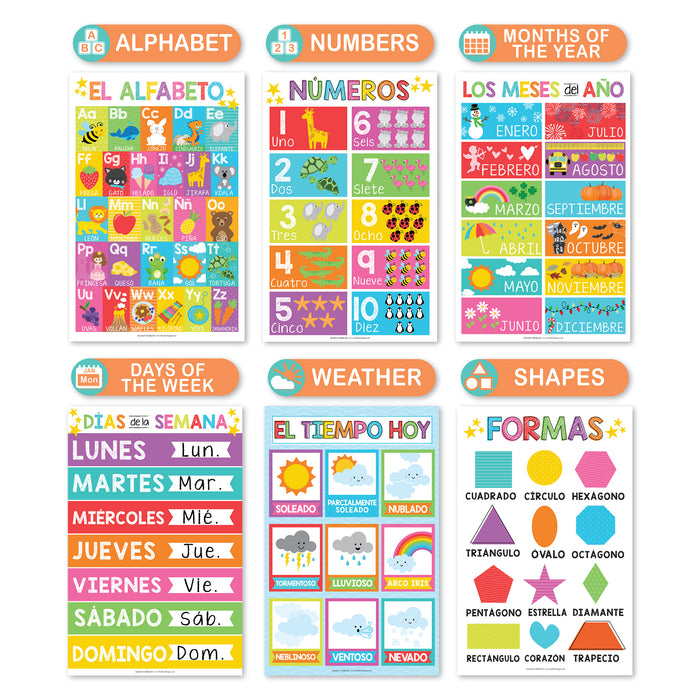 Hadley Designs HDDX004AH66RV Colorful Spanish Preschool Educational Laminated Posters, Set of 12