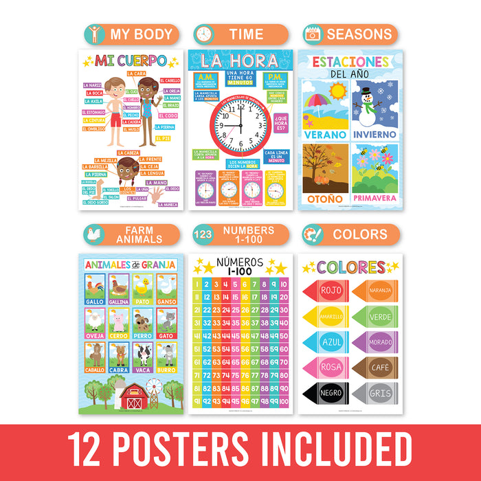 Hadley Designs HDDX004AH66RV Colorful Spanish Preschool Educational Laminated Posters, Set of 12