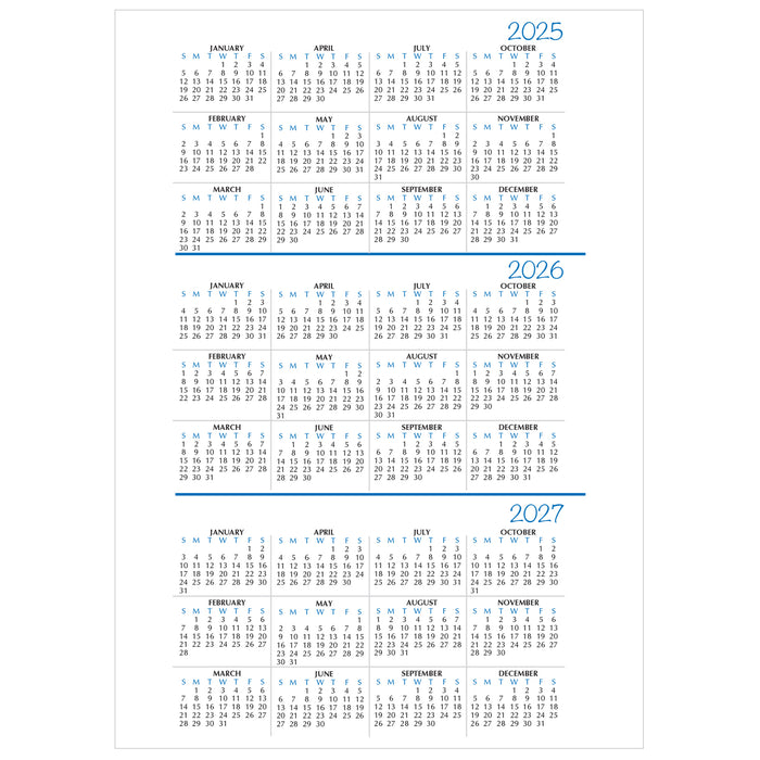 Three-year calendar from 2025 to 2027 on a white background