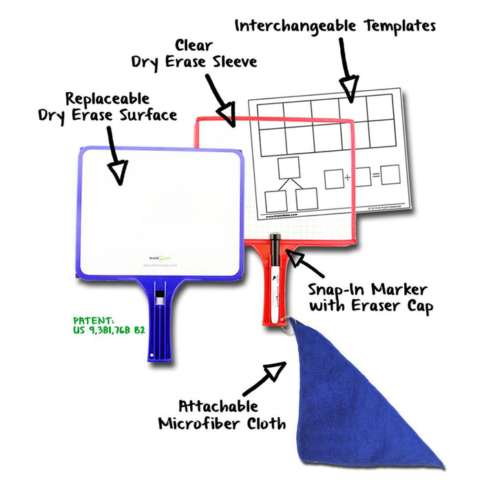 KleenSlate KLS5422 Customizable Handheld Whiteboards with Clear Dry Erase Sleeves & Markers, Class Set of 12