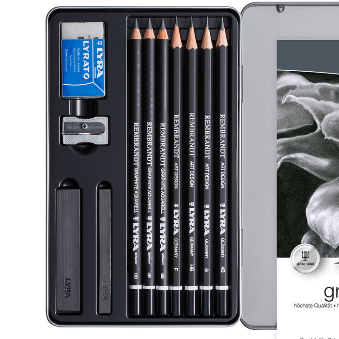 Lyra LYXL2051111 Rembrandt Graphite Sketching Set Tin, Artist Pencils, Assorted, 11 Pieces