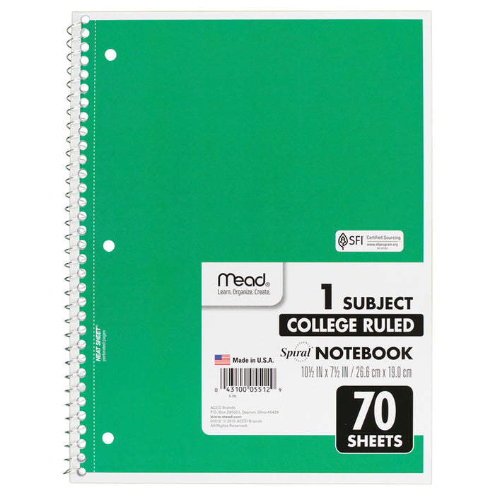 Mead MEA05512 Spiral Notebook, College Ruled, 7.5" x 10.5" 70 Sheets, 1 Subject