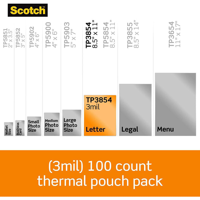 Scotch MMMTP3854100WM Thermal Laminating Pouches, 3 mil Size, Pack of 100