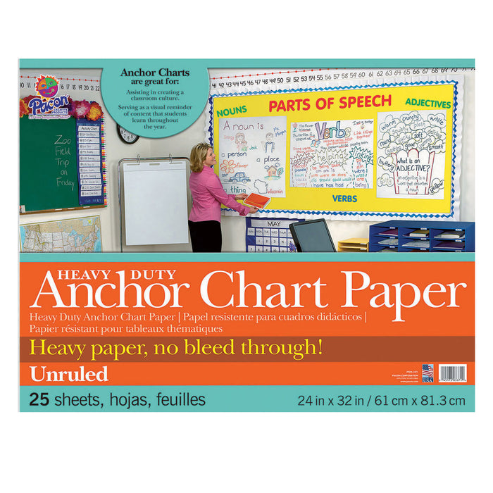 Pacon PAC3371 Heavy Duty Anchor Chart Paper, Non-Adhesive, White, Unruled 24" x 32", 25 Sheets