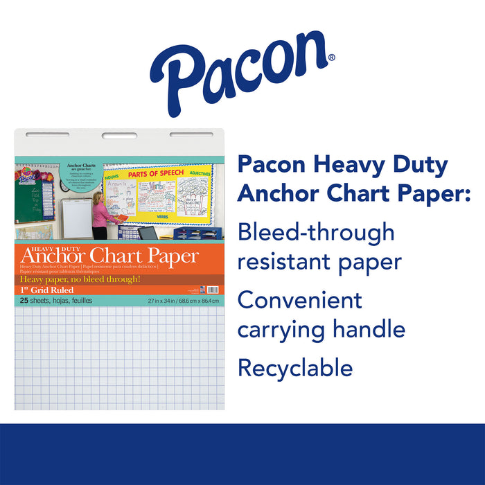 Pacon PAC3372 Heavy Duty Anchor Chart Paper, Non-Adhesive, White, 1" Grid Ruled 27" x 34", 25 Sheets