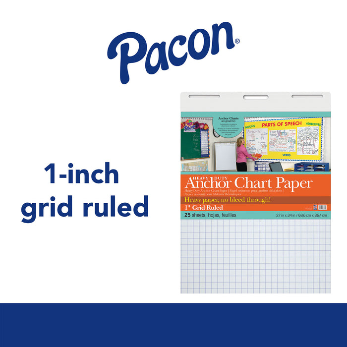 Pacon PAC3372 Heavy Duty Anchor Chart Paper, Non-Adhesive, White, 1" Grid Ruled 27" x 34", 25 Sheets