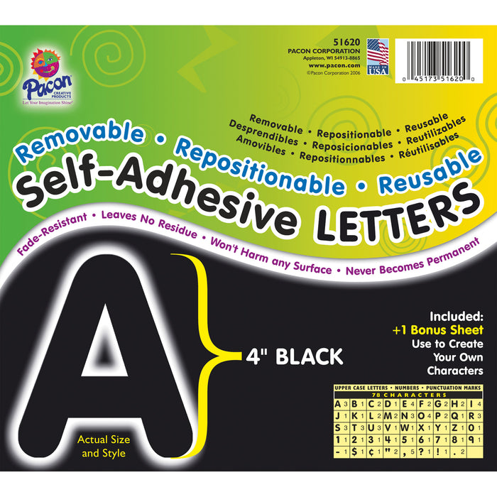 Pacon PAC51620 Self-Adhesive Letters, Black, Puffy Font, 4", 78 Characters
