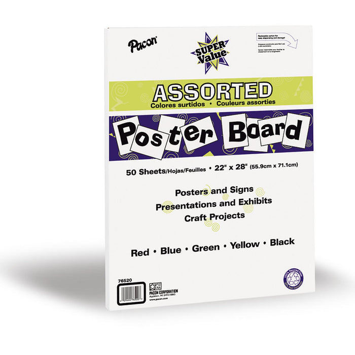 Pacon PAC76520 Super Value Poster Board, 5 Assorted Colors, 22" x 28", 50 Sheets
