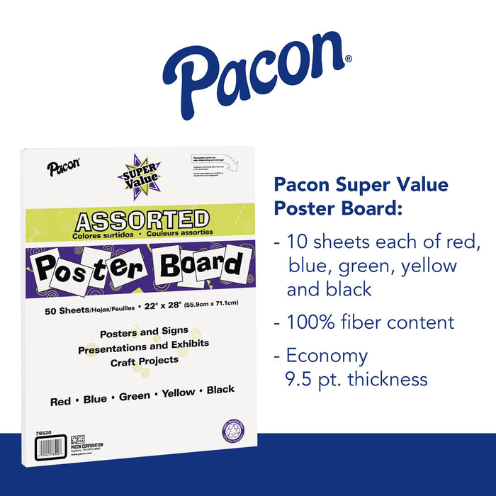 Pacon PAC76520 Super Value Poster Board, 5 Assorted Colors, 22" x 28", 50 Sheets