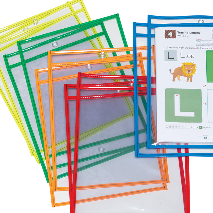 Pacon PACAC9869 Dry Erase Pockets, 5 Assorted Bright Colors, 10" x 13-1/2", 10 Pockets