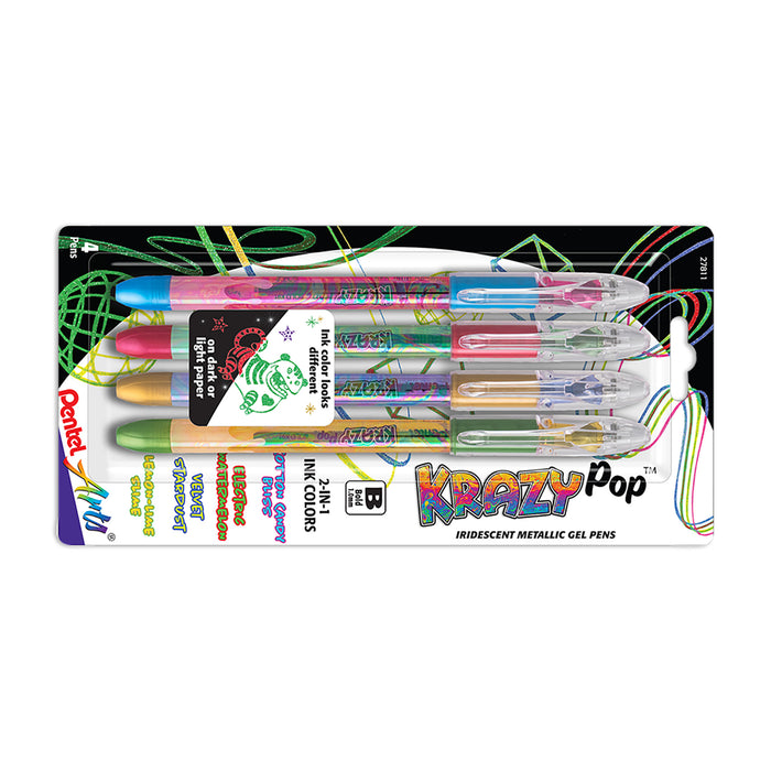 Pentel Arts PTAK91PABP4M3 Krazy Pop Iridescent Gel Pen, 1.0mm Bold line, Assorted Ink (XC/BD/CP/DG), 4-Pack