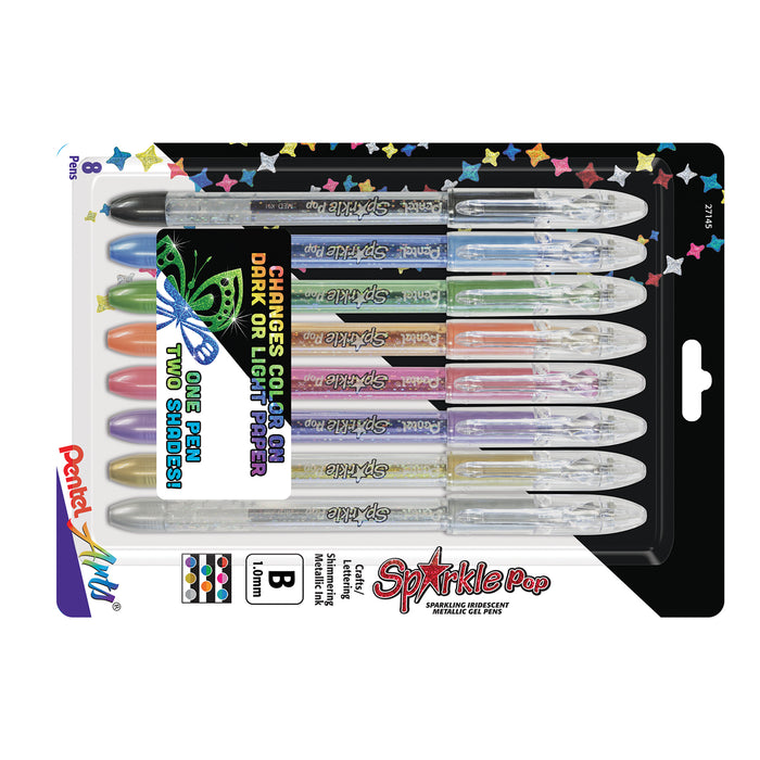 Pentel Arts PTAK91PABP8M Sparkle Pop Metallic Gel Ink Pen, (1.0mm) Bold Line, Assorted Ink, 8-Pack