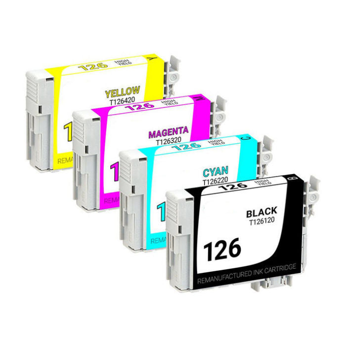 Remanufactured Epson T126 Black, Cyan, Magenta, Yellow High Yield Inkjet Cartridges