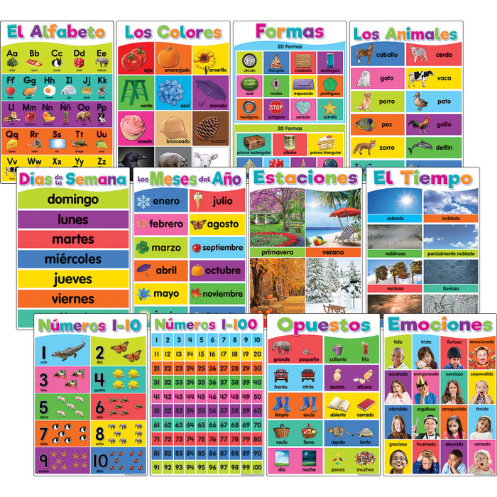 Teacher Created Resources TCR7822 Spanish Colorful Early Learning Small Poster Pack, 11" x 15-3/4", Pack of 12