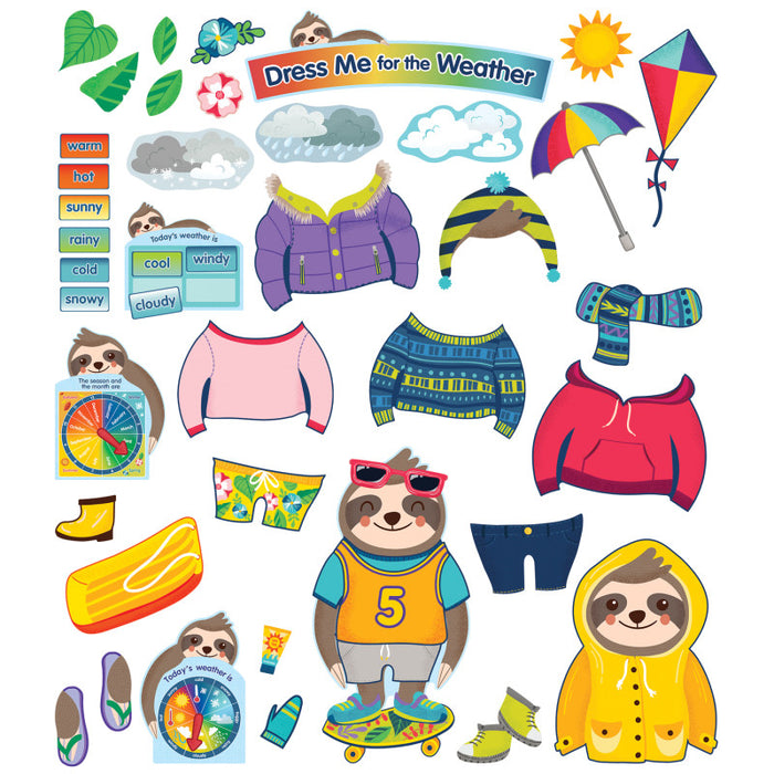 Carson Dellosa Education CD-110487 One World Sloth Dress Me for the Weather Bulletin Board Set, Grade PK-2, 54 Pieces