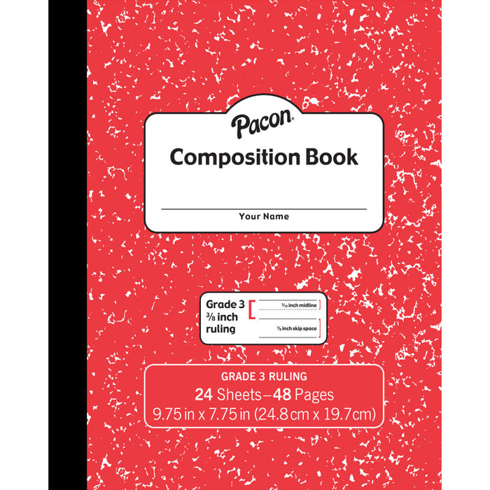 Pacon PACMMK37139 Composition Book, Grade 3, Red Marble, 3/8" x 3/16" x 3/16" Ruled, 9-3/4" x 7-3/4", 24 Sheets