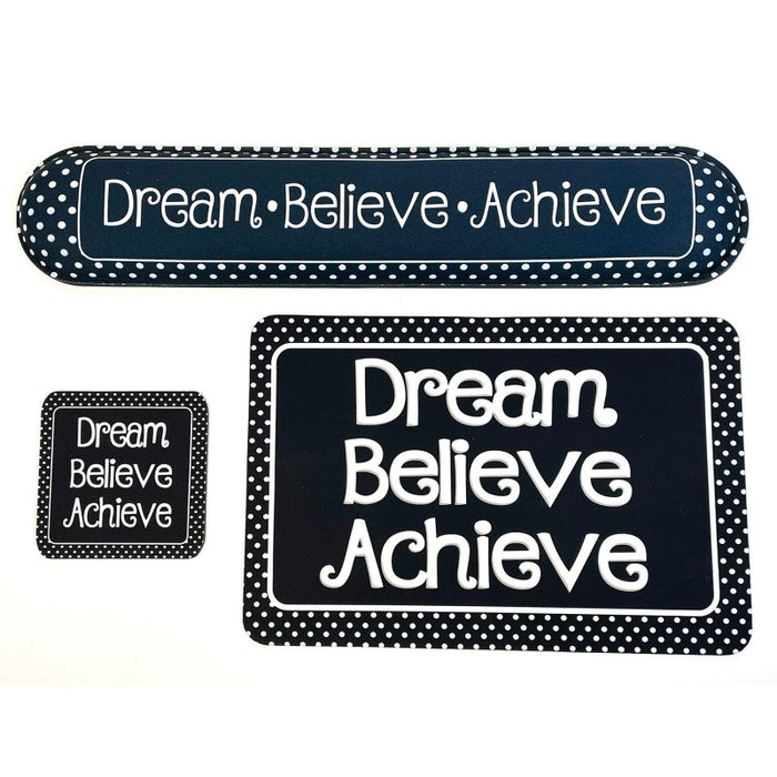 Ashley Productions ASH12520 The Original Fun Mat Computer Desk Mats, Set of 3, (1) Mouse Pad, (1) Keyboard Wrist Pad, (1) Coaster, Dream, Believe, Achieve, Black with White Dots