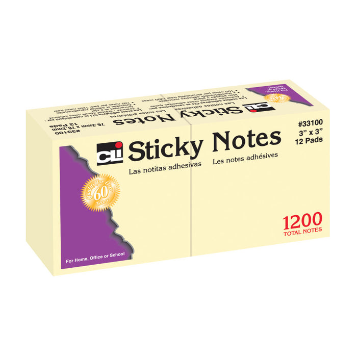 Charles Leonard CHL33100 Sticky Notes, 3 x 3 Inch, 100 Sheets/Pad, Yellow, 12 Pads