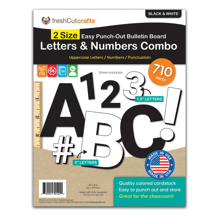 FreshCut Crafts FCC850054391209 Bulletin Board Letters & Numbers, Black & White, 1.5in & 3in, 710 Pieces